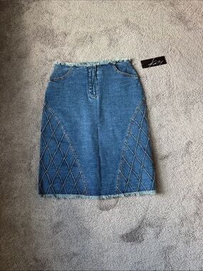Kaity Blue Denim Pencil Skirt Contrast Stitch Panel Frayed Hem Y2K SIZE 7/8